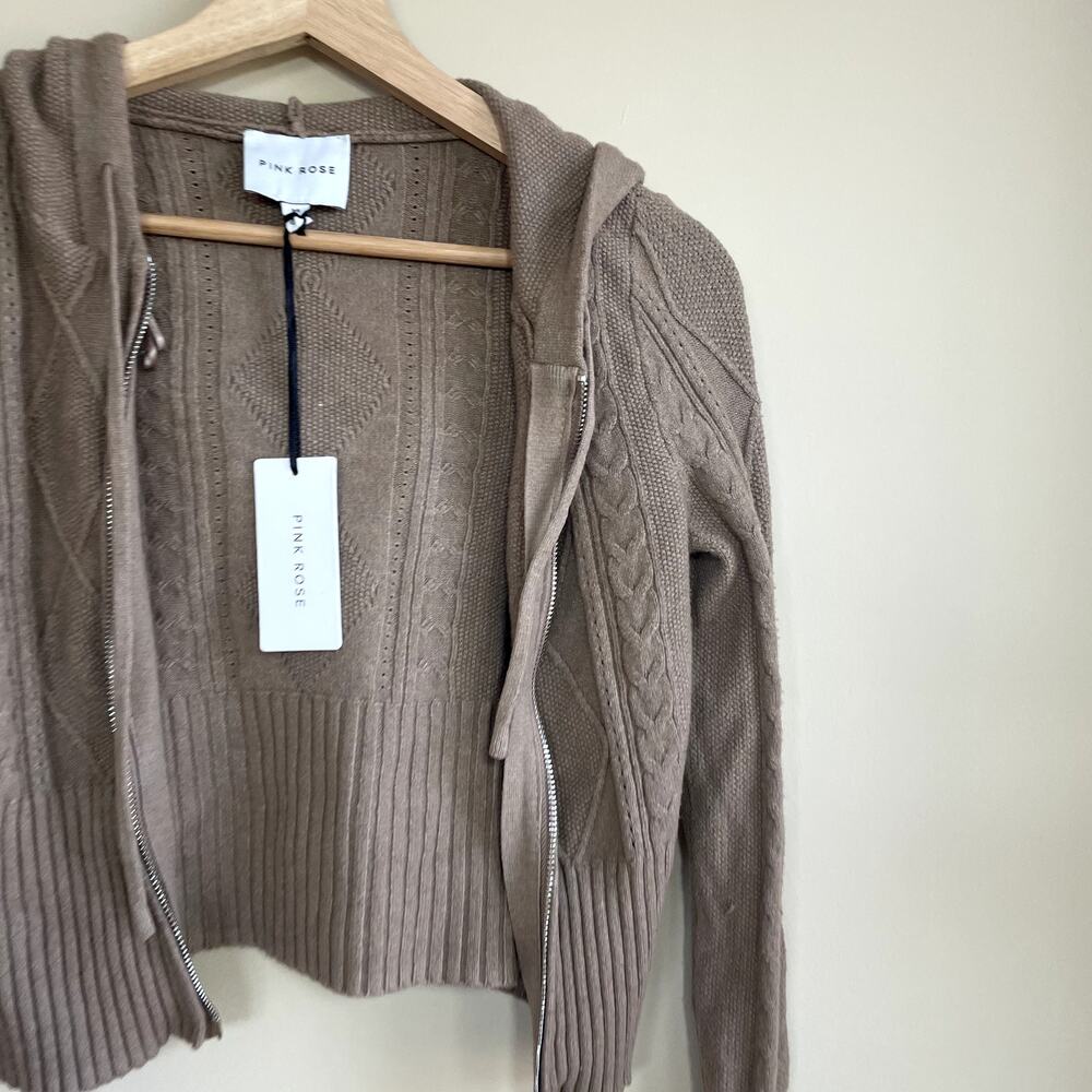 NWT pink rose portobella cropped hooded full zip knit sweater beige‎ women's M - Picture 2 of 8
